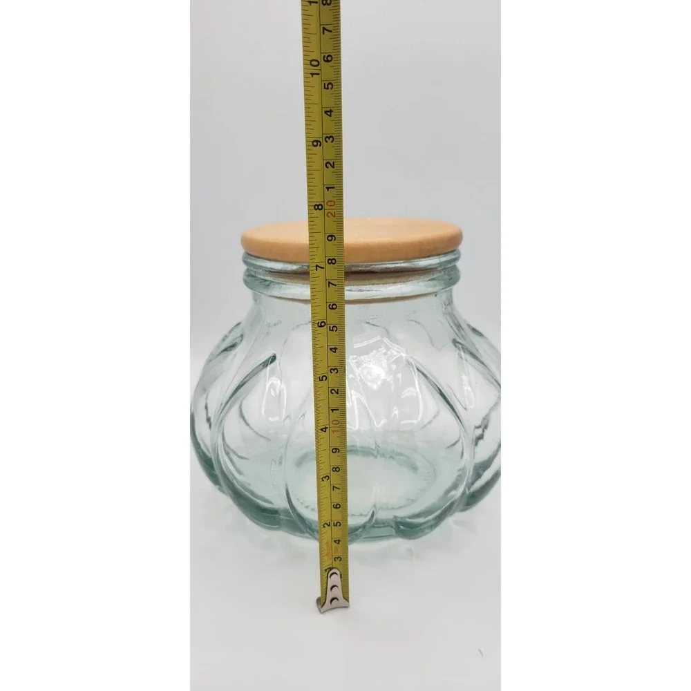 Clear Glass Jar Canister Bubble Glass w/ Wood Snap Lid, Round